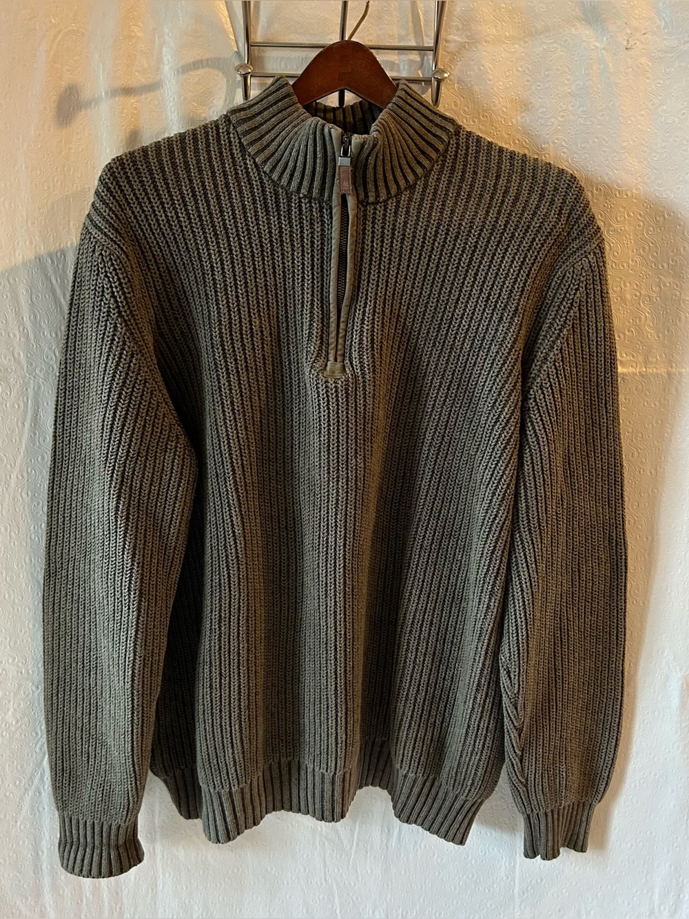 Vintage G.H. Bass & Co. Ribbed Quarter-Zip Shaker Knit Sweater Earthy Green XL
